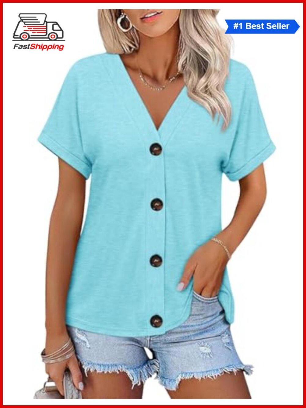 Womens Short Sleeve Button Down V Neck Tunic Top Casual Summer Shirt